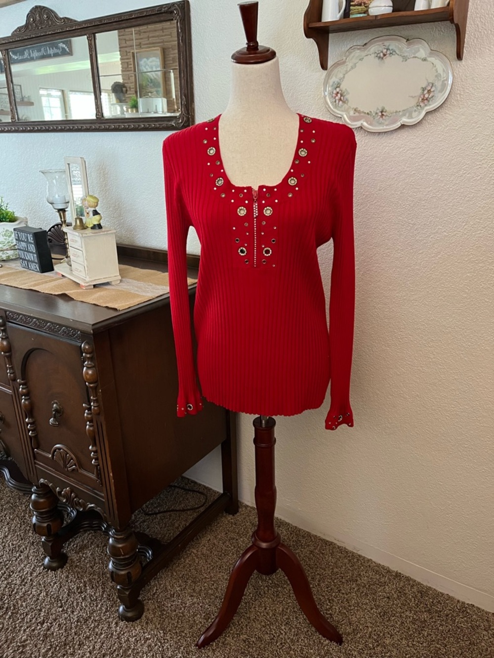 Belldini Bright Red Ribbed Knit Top‎ with Pleated Detail XL